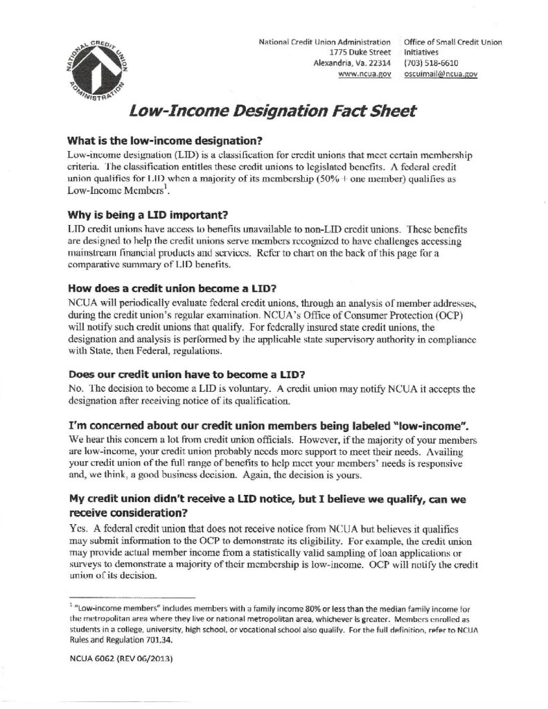 Low Designation (LID) facts Fair Break Federal Credit Union